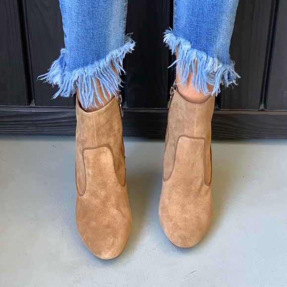 Camel Distressed Suede Block Heel Sock Ankle Boots - Picture 5 of 8